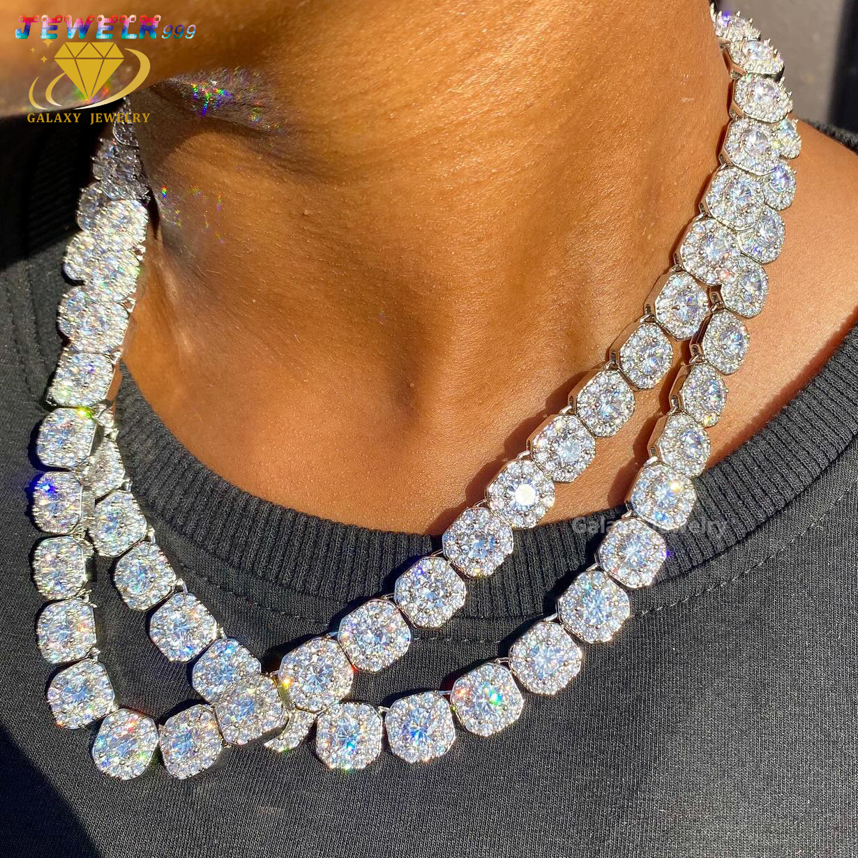 Hot Sale Clustered Tennis Chains 10mm Iced Out Vvs Diamond 925 Sterling Silver Moissanite Stones Tennis Link Bracelet Necklace