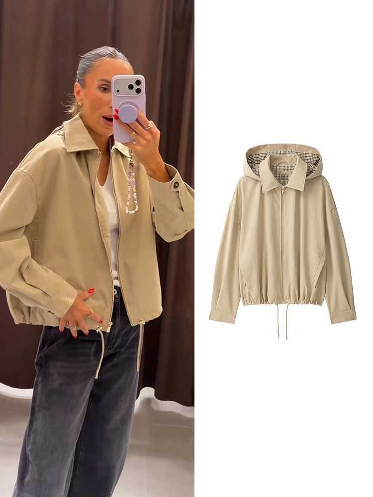 Women's Jackets TFMLN Casual Hooded Jacket for Women Solid Color Lapel Zipper Outer Coats Autumn New Ladies Loose Fit Long Sleeve Jacket C26092