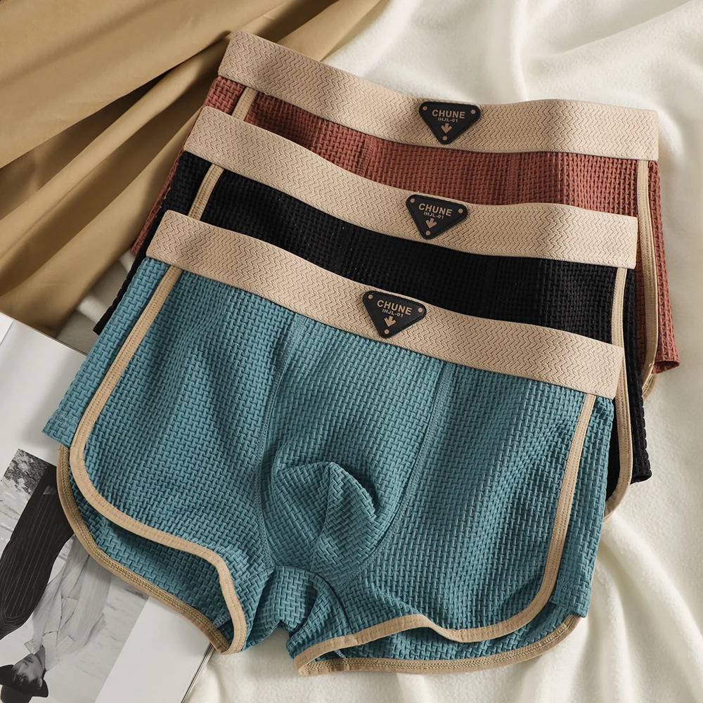 3PCS/Pack Fashion Ice Silk Knitted Plaid Boxers Breathable Comfort Mesh Crotch Underpants Super Soft High Elastic Men's Panties 260921