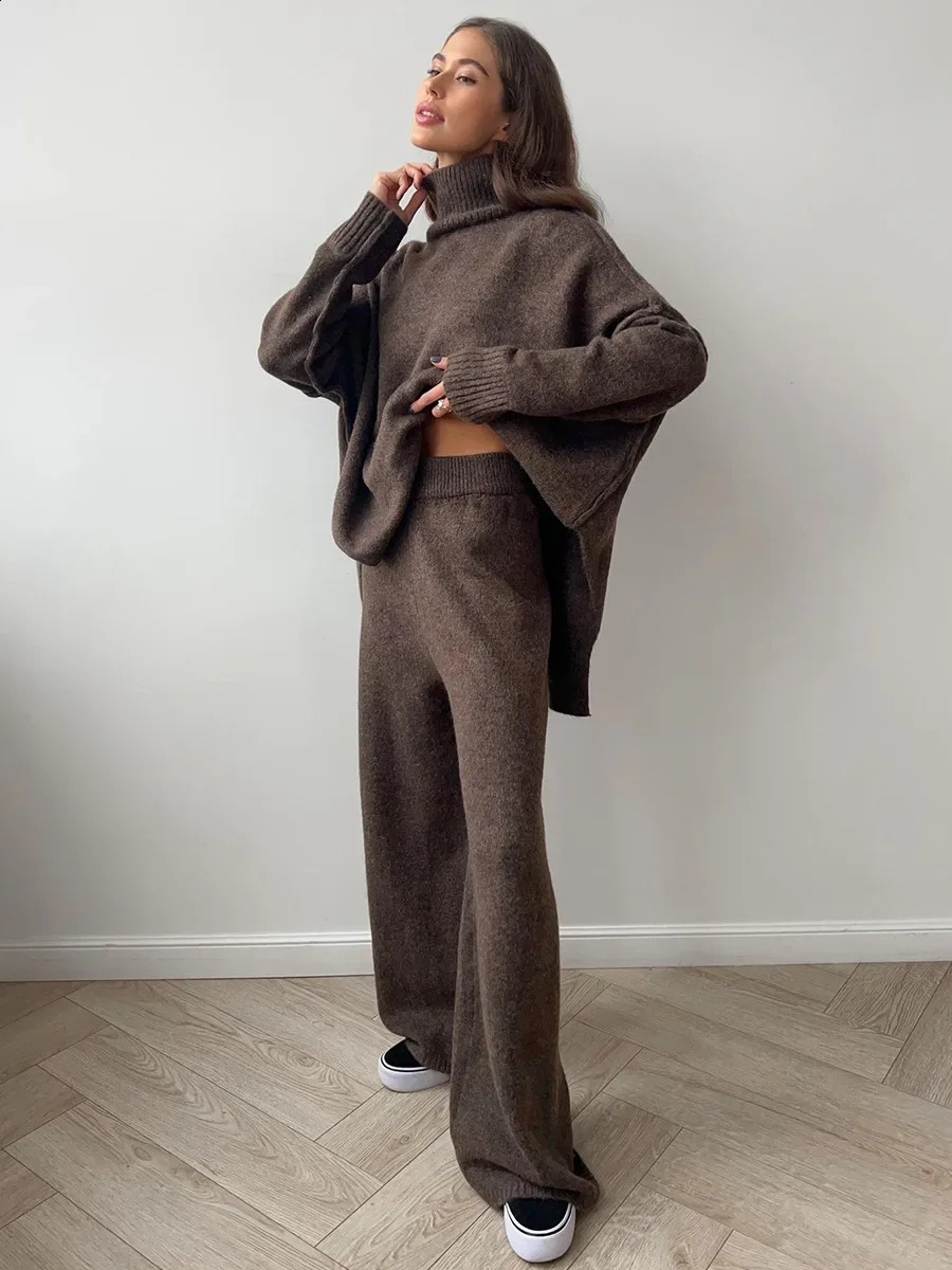 Turtleneck Sweater Set Women's European American Autumn and Winter Loose Casual Lazy Thickened Knitted Trousers Set 260920