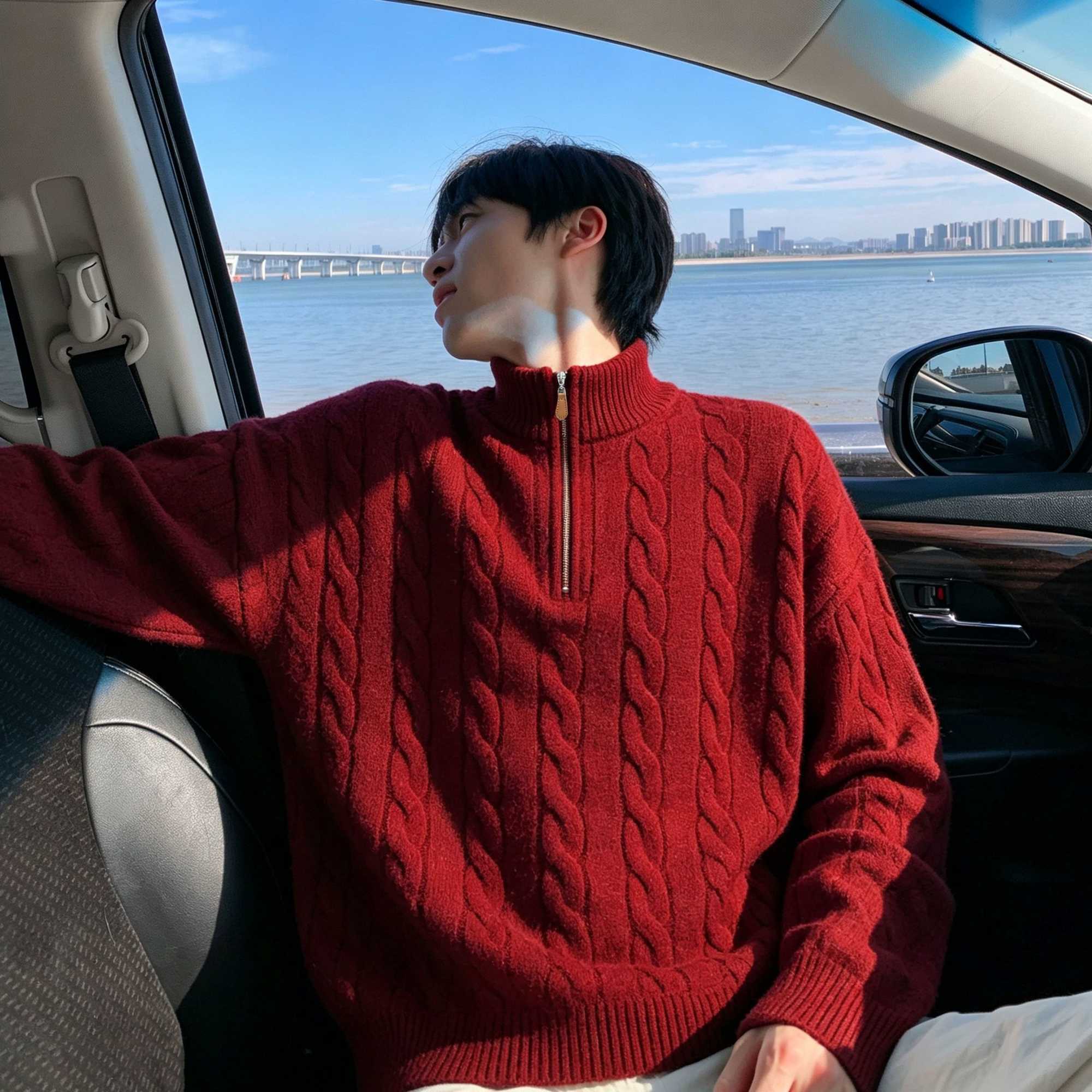 Korean Men's Style Zipper Knitted Striped Sweaters for Man Winter Solid Color Long Slve Pullovers High Quty Men's Clothing S2609215ZJV