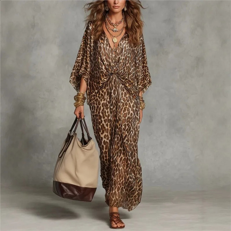 Fashion Leopard Print Dress Sexy Deep Vneck Batwing Sleeve Womens Maxi 2026 Spring Autumn Casual Loose Holiday 260921