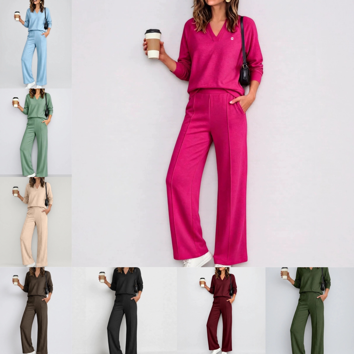 Ensemble sweat-shirt à manches longues et col en v pour femme, ensemble deux pièces décontracté, pantalon à jambes larges, A2961, automne/hiver