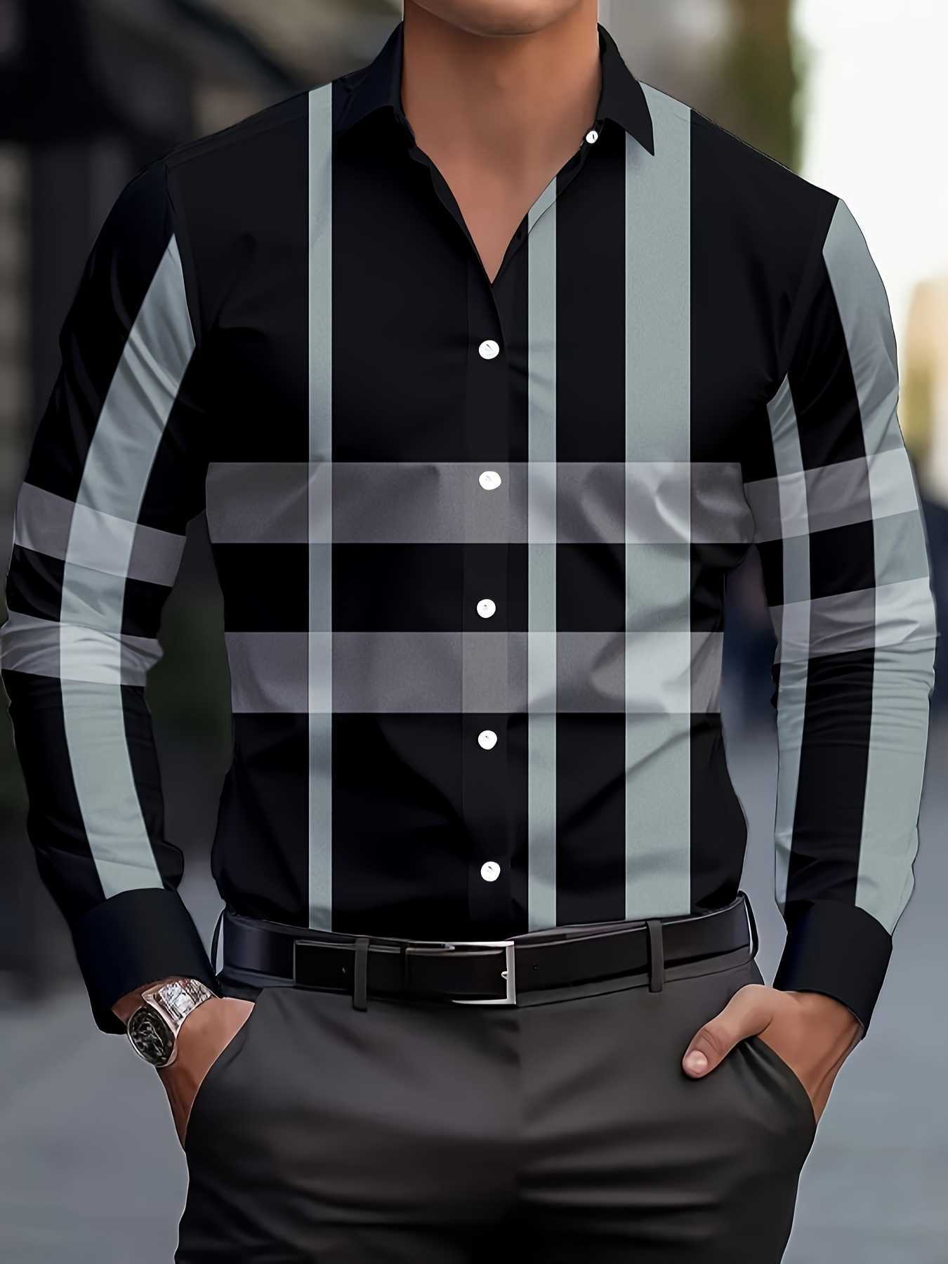 Plaid Men's 3D Casual Shirts Stripe Print Men's Long-sleeved shirt Fashion Loose Single Breasted Tops Business Casual Men Formal Wear Shir