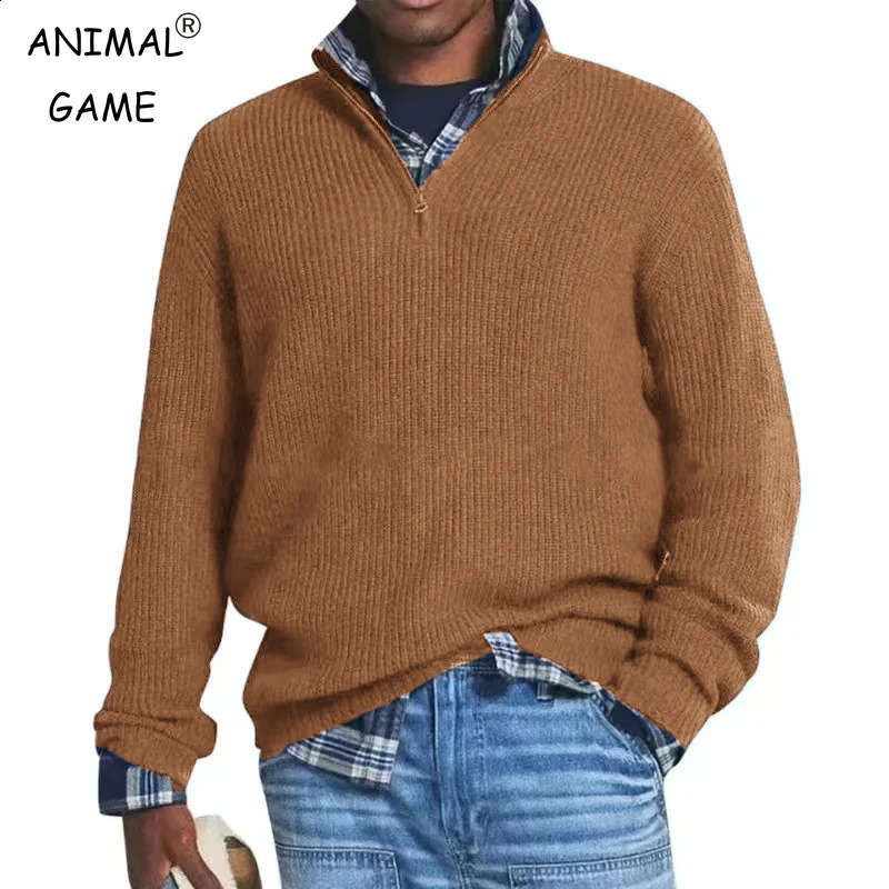 Mens Wool Blend Knit Sweater Casual Long Sleeve Zipper Collar Pullover Sweaters Winter Outdoor Warm Stripes Jumper 26921