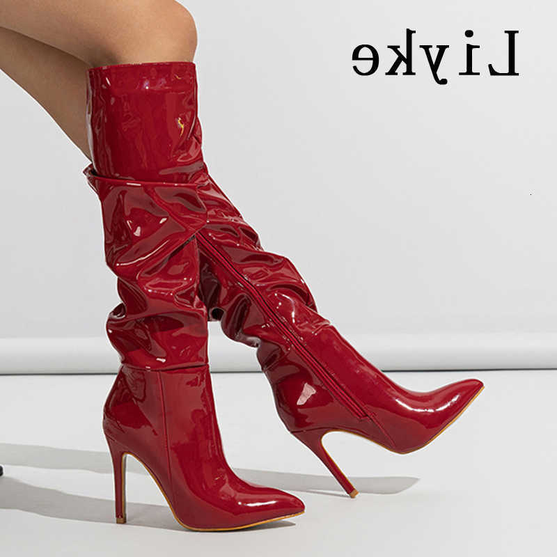 Botas de diseño Liyke plisado moda charol hasta la rodilla botas mujeres rojo punta puntiaguda cremallera tacones de aguja zapatos de fiesta botines