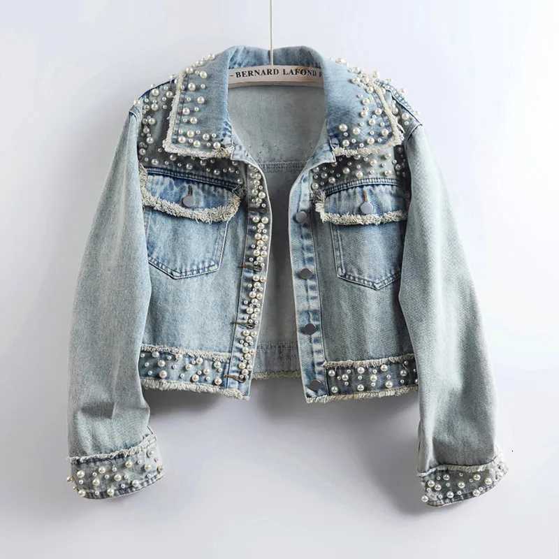 Heavy Women's Casual Jackets Fashion Industry Beaded Denim Jacket Lapel Long Sleeve Straight Loose Single-breasted Jeans Jacket Short Top Women