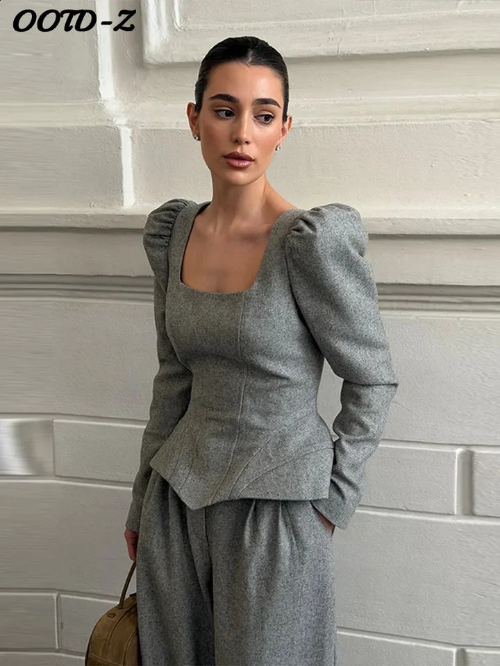 Casual Solid Woolen Top Pants Set Women Puff Full Sleeve Closed Waist Blouse Straight Trousers Sets 2026 Autumn Winter Lady Suit 260920