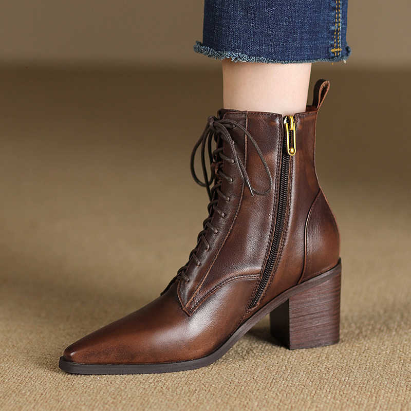 Autumn Boots Boots Women's Winter Spring Shoes Pointed Toe Cowhide Ladies Shoes On Thick Heel Modern Botas Side Zip Ankle Botas H260921