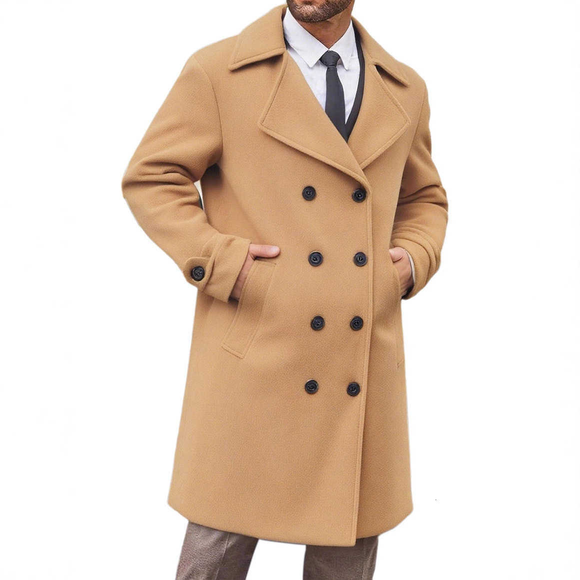 2025 Men's Wool Blends New Men's Autumn Winter Casual Lapel Double-breasted Woolen Overcoat Male Classic Solid Outdoor Wool Trench Coat Ou