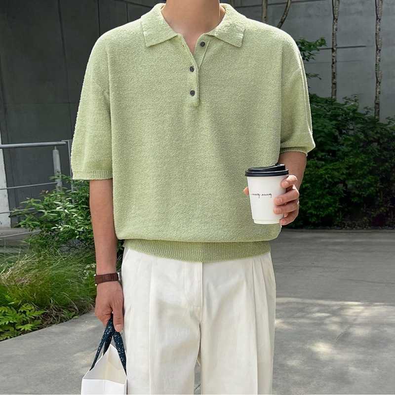 Summer Men's Casual Shirts Men's Simplicity Vintage Knitted Shirt Loose Casual Half SLeeves Korean Fashion Lapel T-shirt Short SLeeve H260