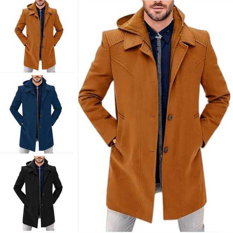 Wool Blends 2026 New Men's Woolen Men's Coat Fake Two-Pieces Hooded Long Sleeve Solid Color Fashion Autumn Winter Jacket Coats D260921