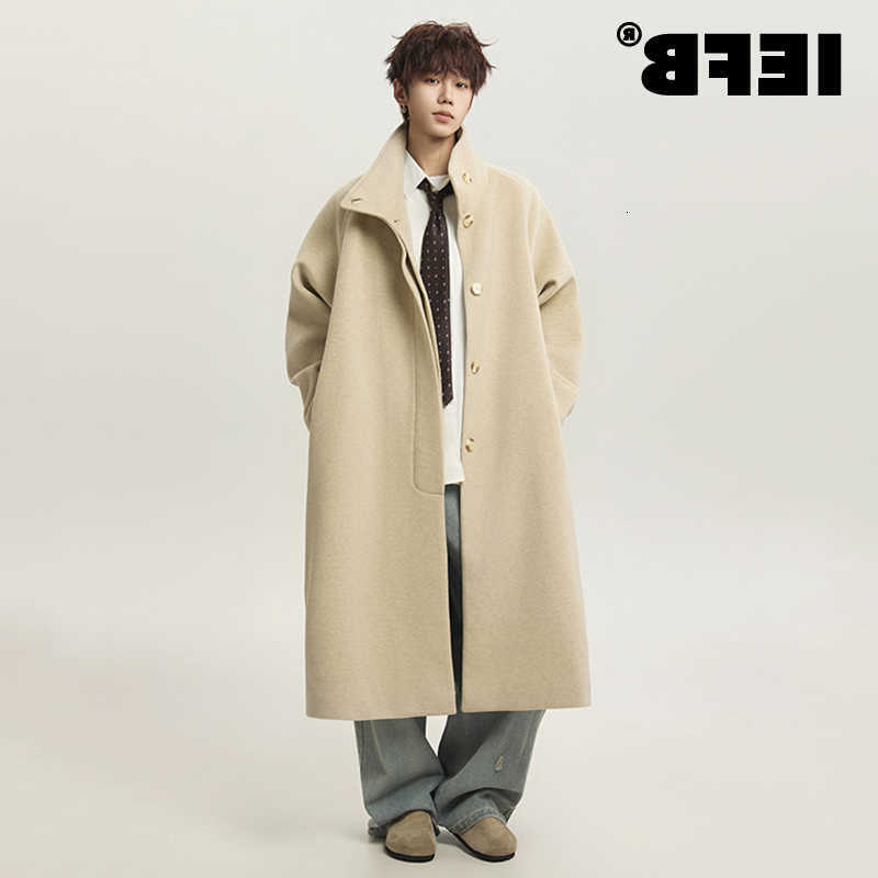 New Blends IEFB Men's Wool Simple Men's Woolen Coat Solid Color Stand Collar Casual Overknee Single Breasted Loose Male Wool Overcoats 9X1