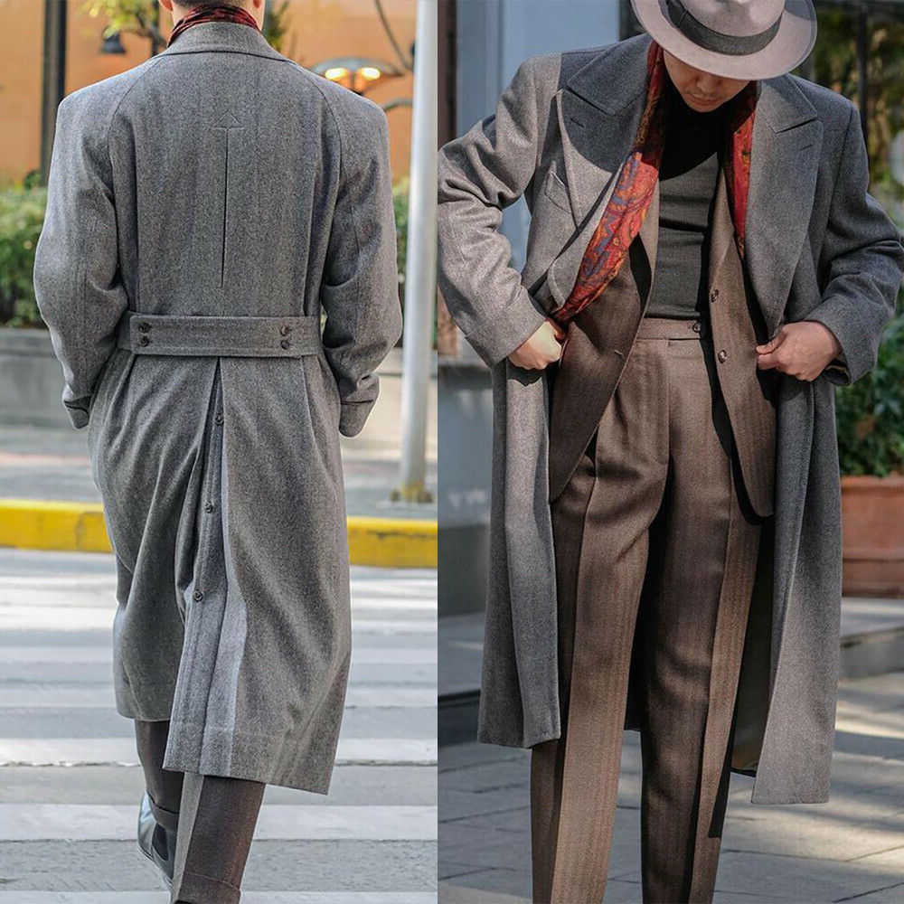 Mens Blends Herringbone Men's Wool Suit Tweed Long Coat Overcoat Double Breasted Tailored Wool Blend Formal Business Wedding Causal Winter Warm