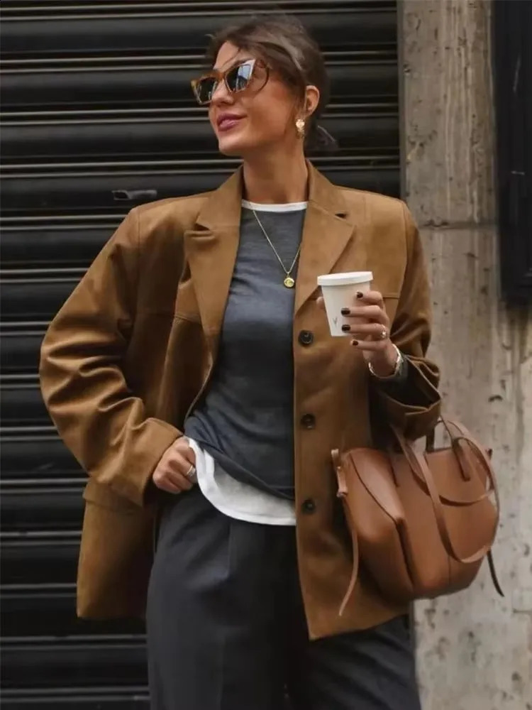 HH Women Vintage Brown Suede Blazer Coat Single Breasted Long Sleeve Lapel Jacket With Pockets Casual Office Lady Outerwear 260920