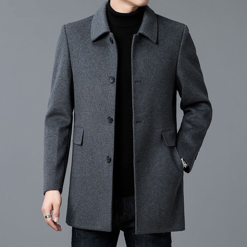 26 Men's Mid-Length Double-Sided Trench Coat For Dad, All-Season Turn-Down Collar Woolen Jacket Men's Coat Wool Overcoat Velvet Windbreake