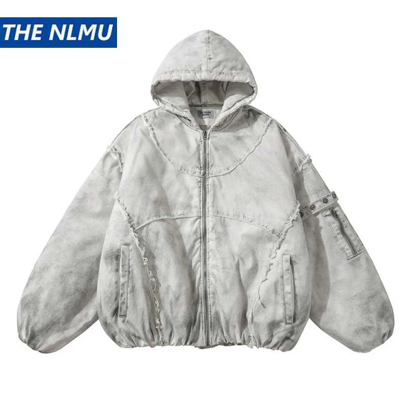 Men's Wasteland Distressed Hooded Jacket Parkas Dirty Wash Punk Streetwear Patchwork Raw Hem Denim Coat Loose Q260921