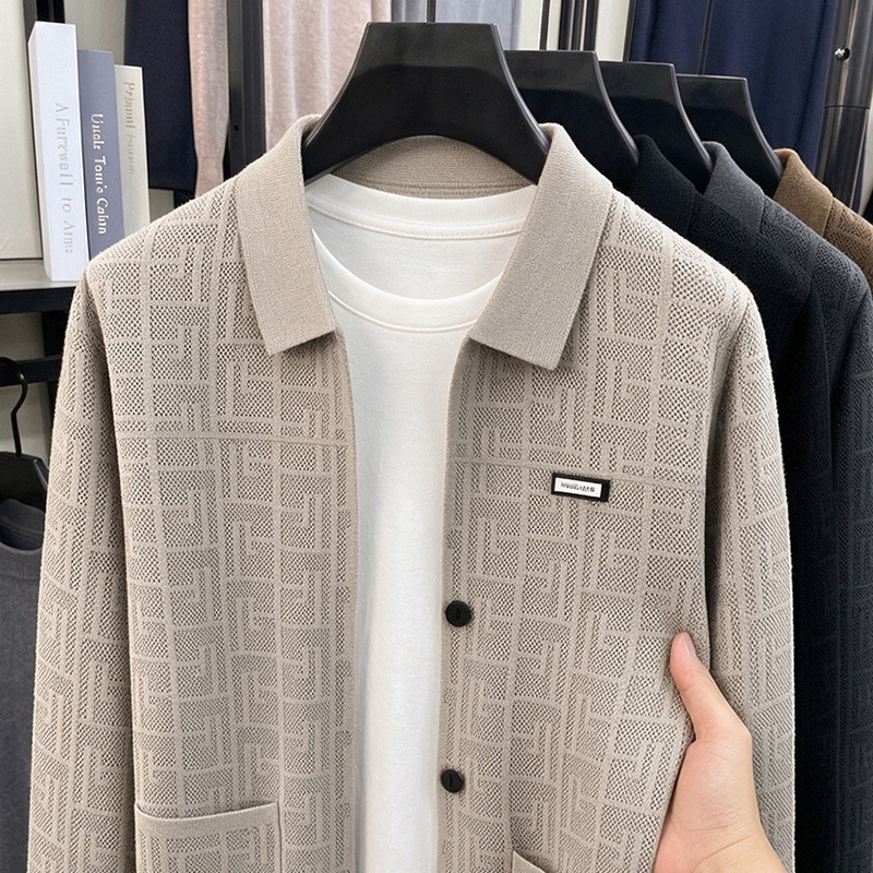 Business Mens Designer Italian Luxury High-end Top Knitted Cardigan Fashionable Jacquard Plaid Warm Soft And Comfortable Shirt Collar Casual Jacket