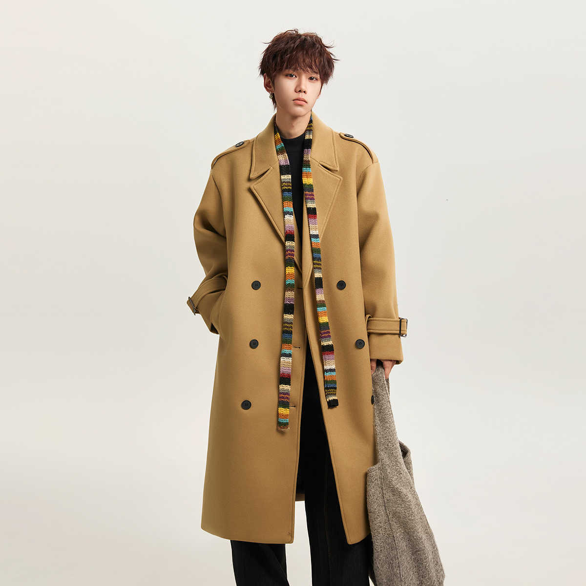 Long Men's Men Wool Blends Double Breasted Wool Blend Overcoat Shoulder Strap Belt Loose Lapel Trench Coat Autumn Winter Casual Warm Outerwear