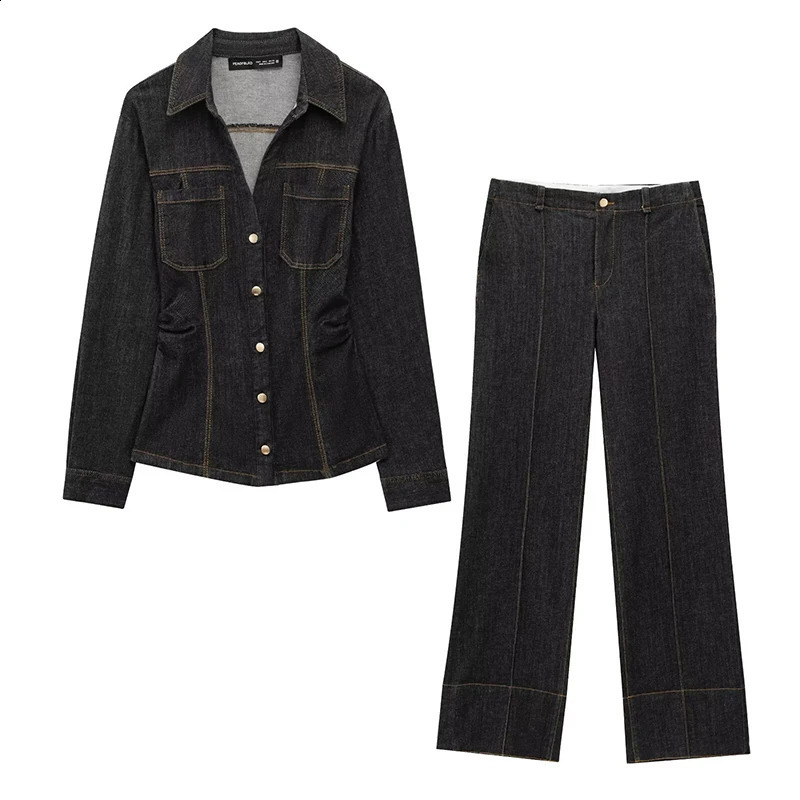Willshela Women Fashion 2 Piece Set With Pocket Denim Single Breasted Jackets Vintage Front Zipper Trousers Feamle Pants Sets 260921