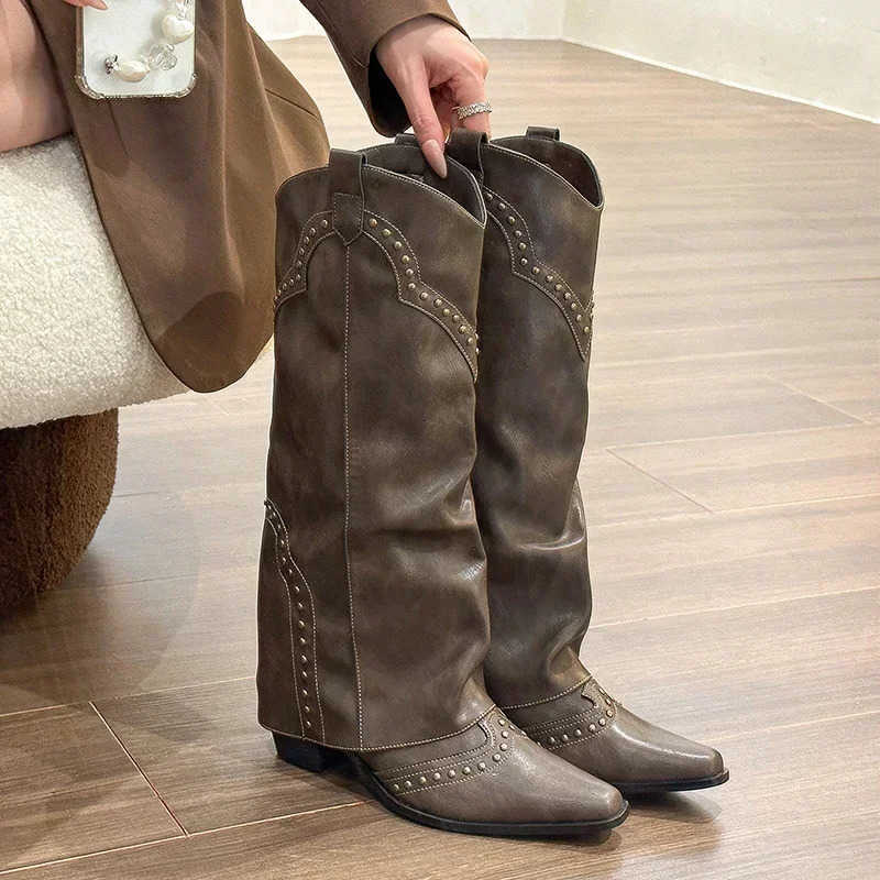 Boots Boots Woman Fashion Cowgirl Slip On Ladies Elegant Square Heel Long Pipe Boots Shoes Women's Winter Footwear H260921