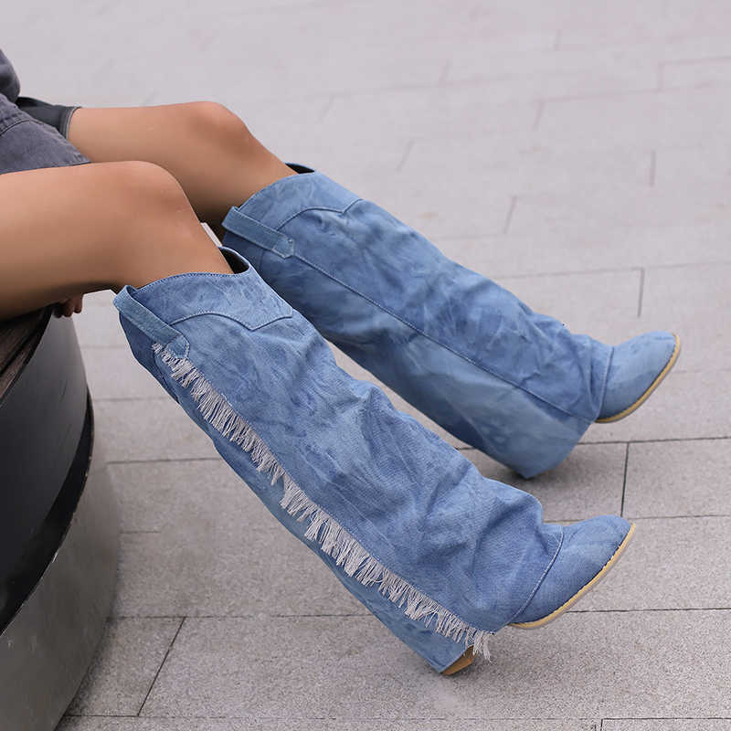 Washed Size Boots Denim Plus Material With Cuffed Fashion Western Boots Side Fringe Wood Grain Thick Heels Slip-On Trend Knee Boots H260921