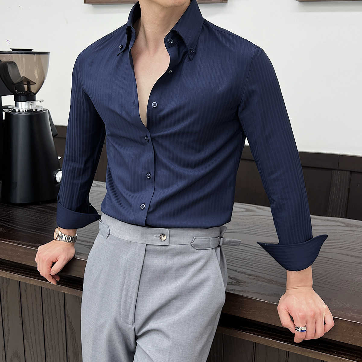 autumn Men's Casual Shirts High-quality men's new long-sleeve dark striped slim-fit shirt business casual formal workwear M-4XL H260921