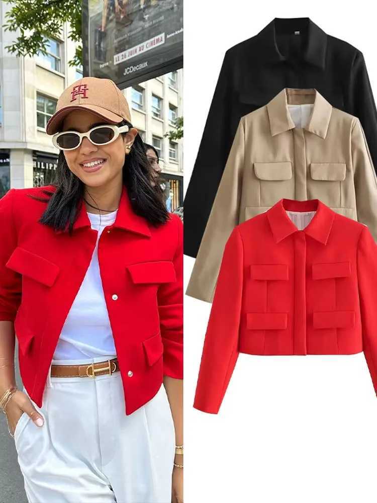 Red Women's Jackets 2024 Women's + Black Jacket Solid Turn Down Collar Long Sleeve Cropped Tops Female Fashion Versatile Chic Coat Trendy