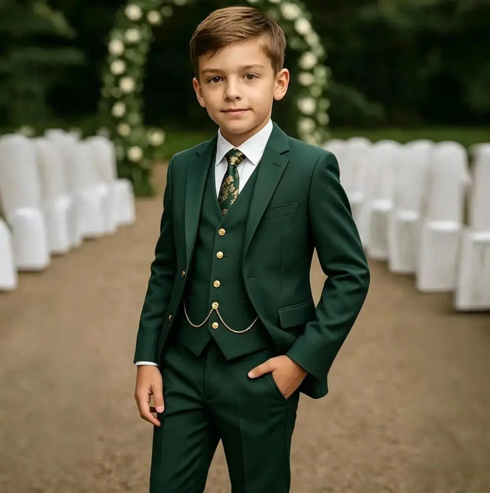 Completo da ragazzo verde scuro per la festa di nozze Prom 3 pezzi Smoking slim fit per bambini Abito formale Blazer Gilet Pantalone 260920
