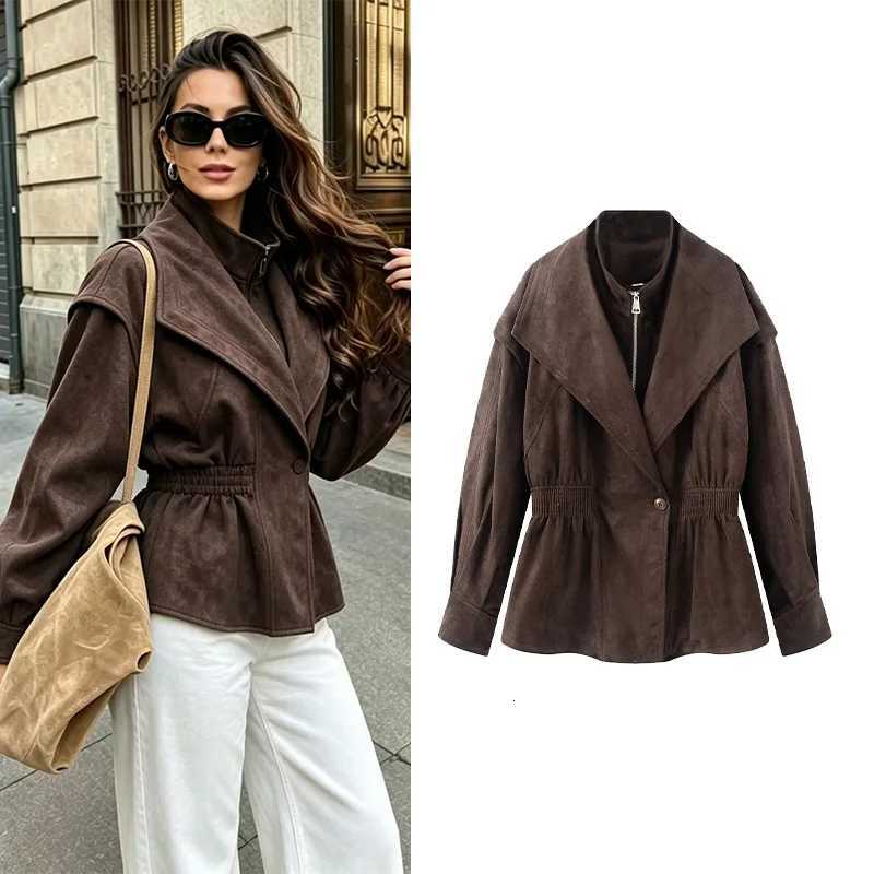 Women's Jackets Women's lapel Jacket New 2026 Autumn Long Sleeve Zipper Elastic Waist WFaux Suede omen Outerwear Female Chic Coats C260921