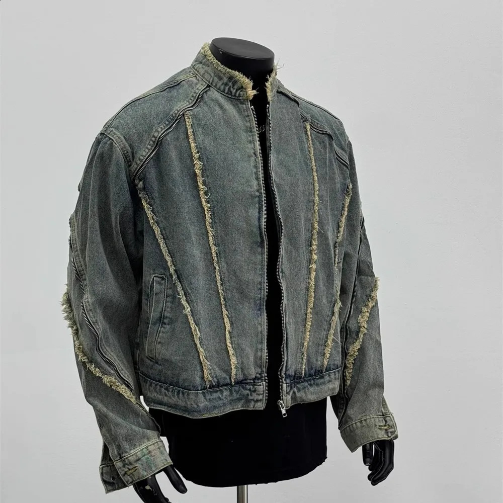 American retro denim jacket deconstructed breasted washing denim jacket men high street Hip-hop fur edge splicing couple coat 260920