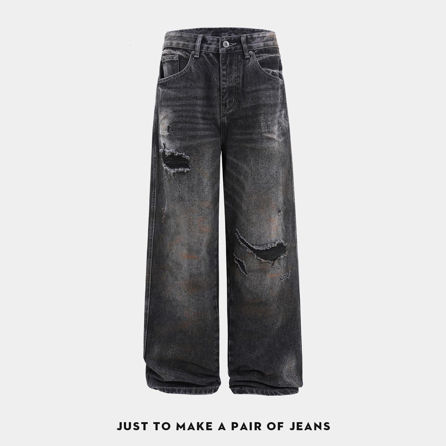 Men's Black Ripped Denim Jeans, American Style, Vintage Casual, Loose Straight-Leg Pants 26L0921