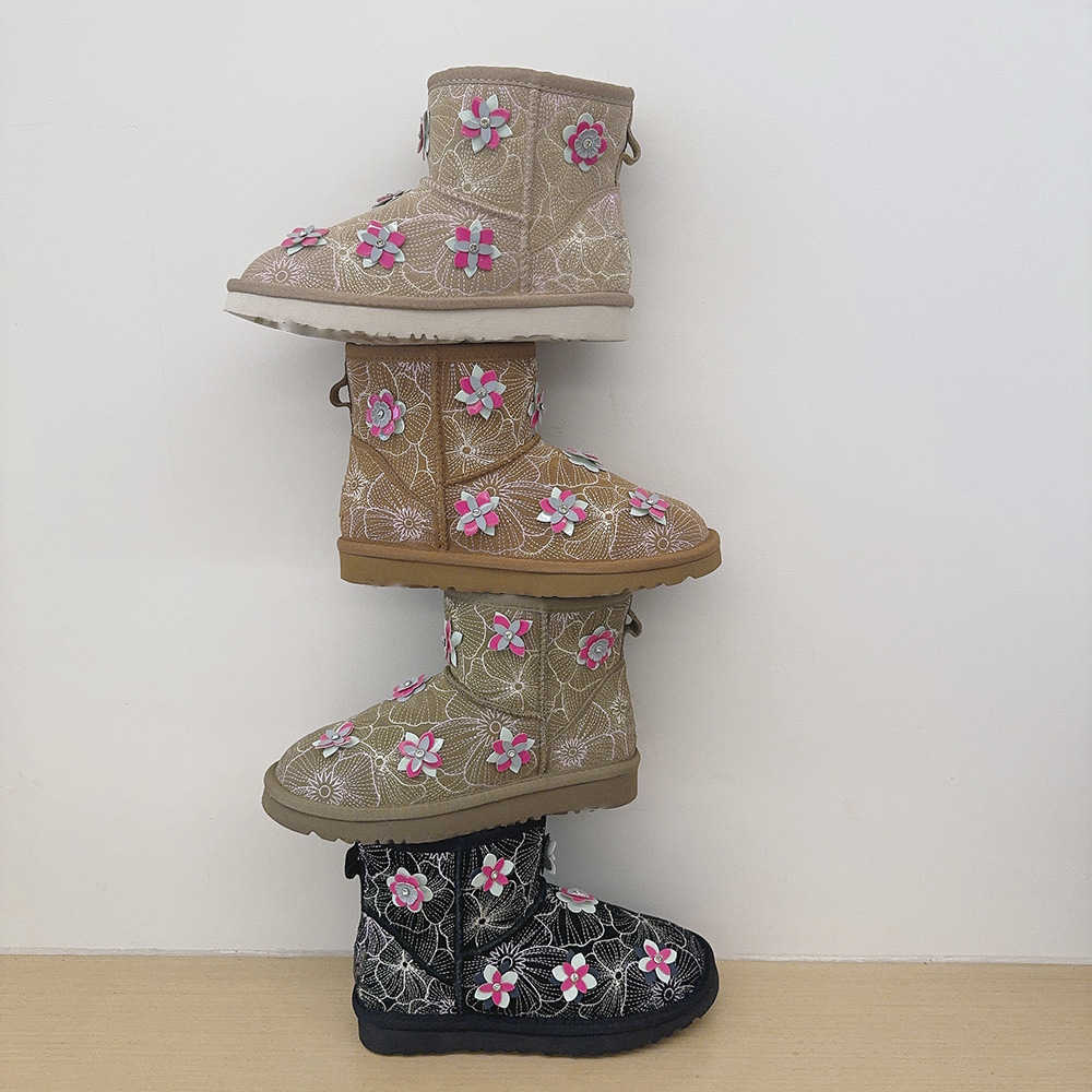 2026 women's snow boots short boots with embroidered floral patterns cotton-lined fleece-lined for outdoor warmth L26921