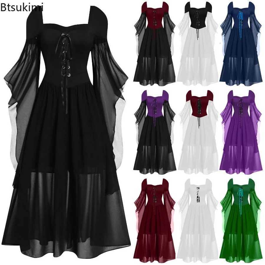 Stage Wear Abito vintage gotico da donna Strega di Halloween Costumi cosplay Spalle scoperte Abito lungo medievale con lacci Abito da festa di carne