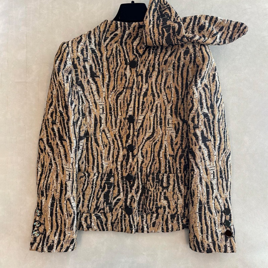Women Tiger Stripe Tweed Jacket High End Vintage Long Sleeve Coats With Bow Autumn Winter Luxury Dinner Party Casual Outerwear