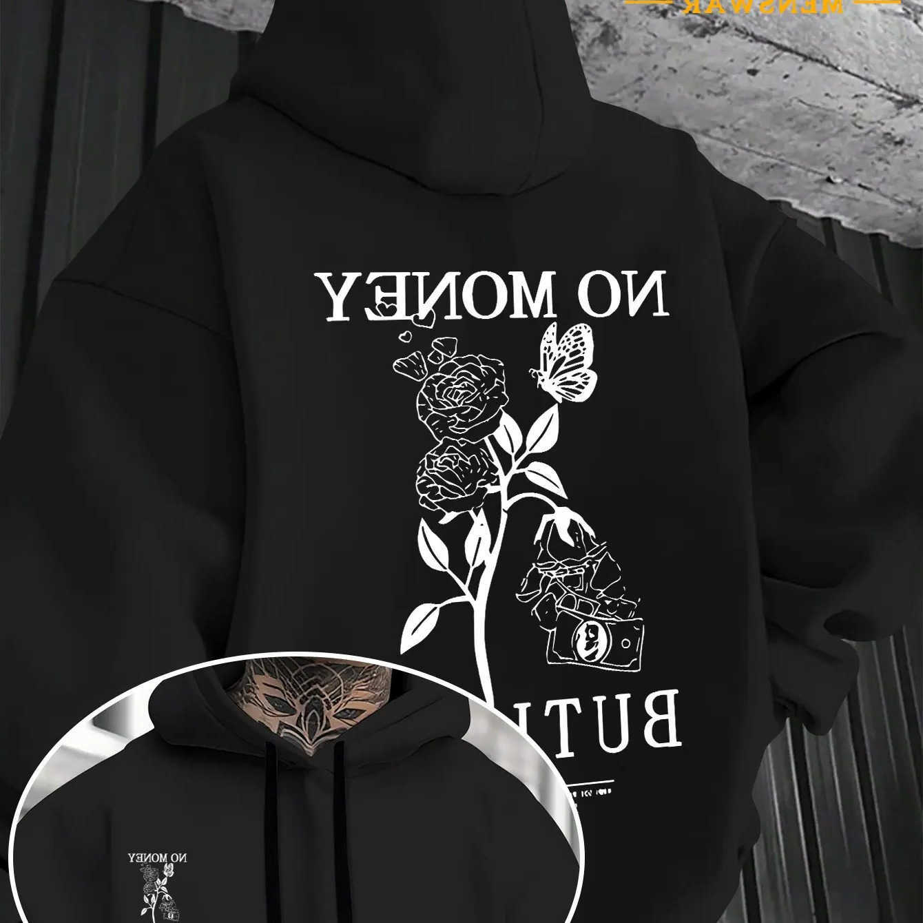 Aesthetic Men's Hoodies Sweatshirts Dark Hooded Sweatshirt LineDrawing Rose Butterfly Text Back And Chest Print Casual Loose Unisex Pullover Ho