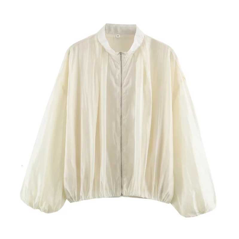 Women's Jackets 2026 New Women Stand Collar Zip Up Pleated Sheer Bomber Jacket Long Lantern Sleeve Solid Loose Lightweight Outerwear C260921