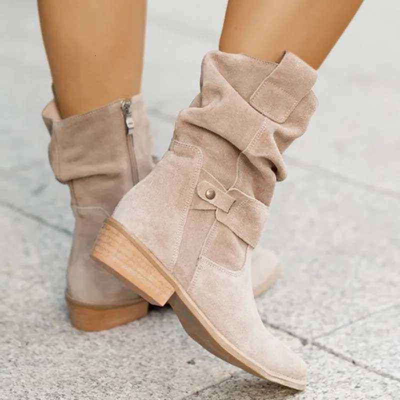 Tacones Botas bajas Botines de gamuza albaricoque para mujer Botas de vaquero occidental Cremallera lateral Tamaño 34-43 Botines cortos H260921