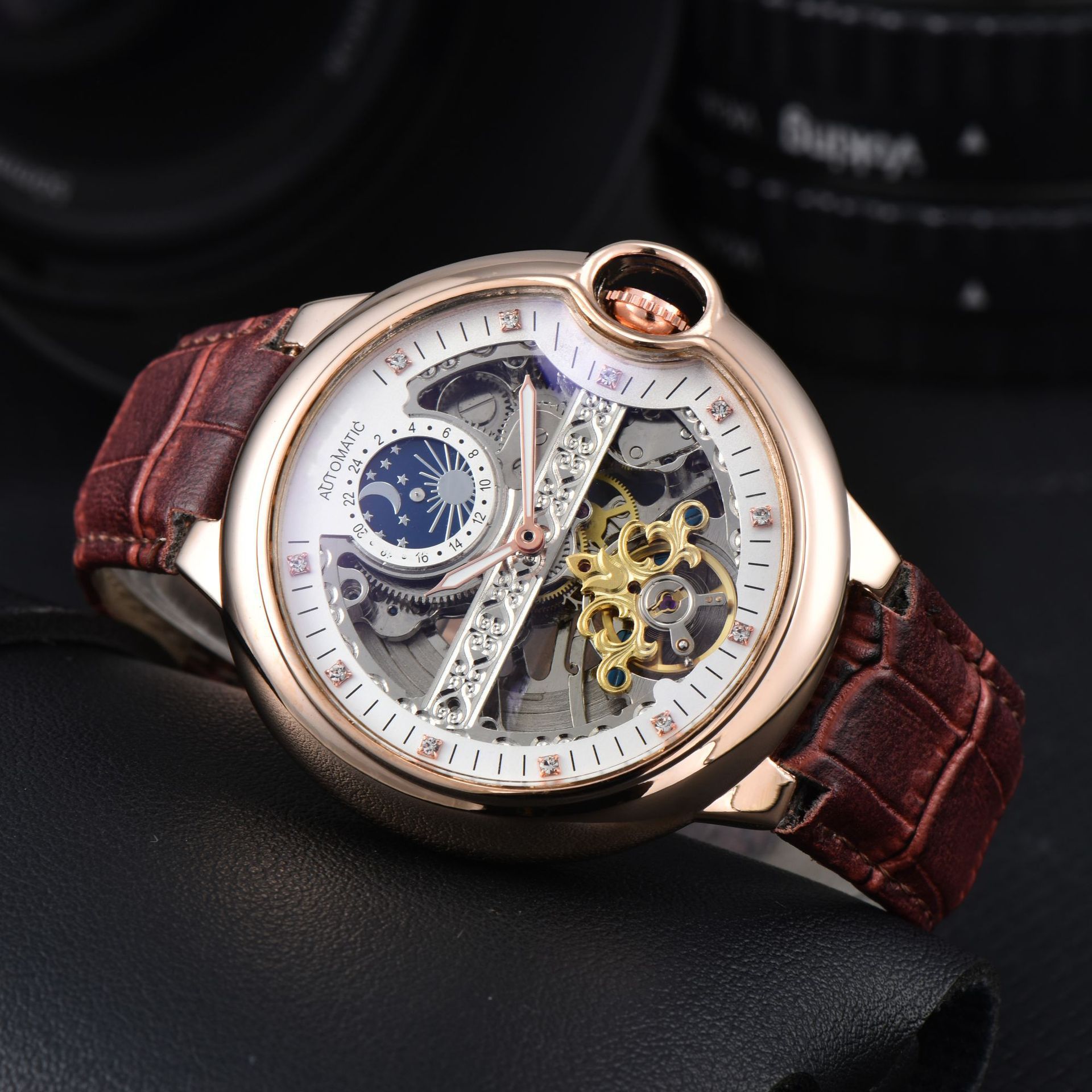 Hot sale High quality Classic Retro Leather Watch Automatic mechanical flywheel men's watch timepiece Luxury Mens Watches Designer Vintage Watc