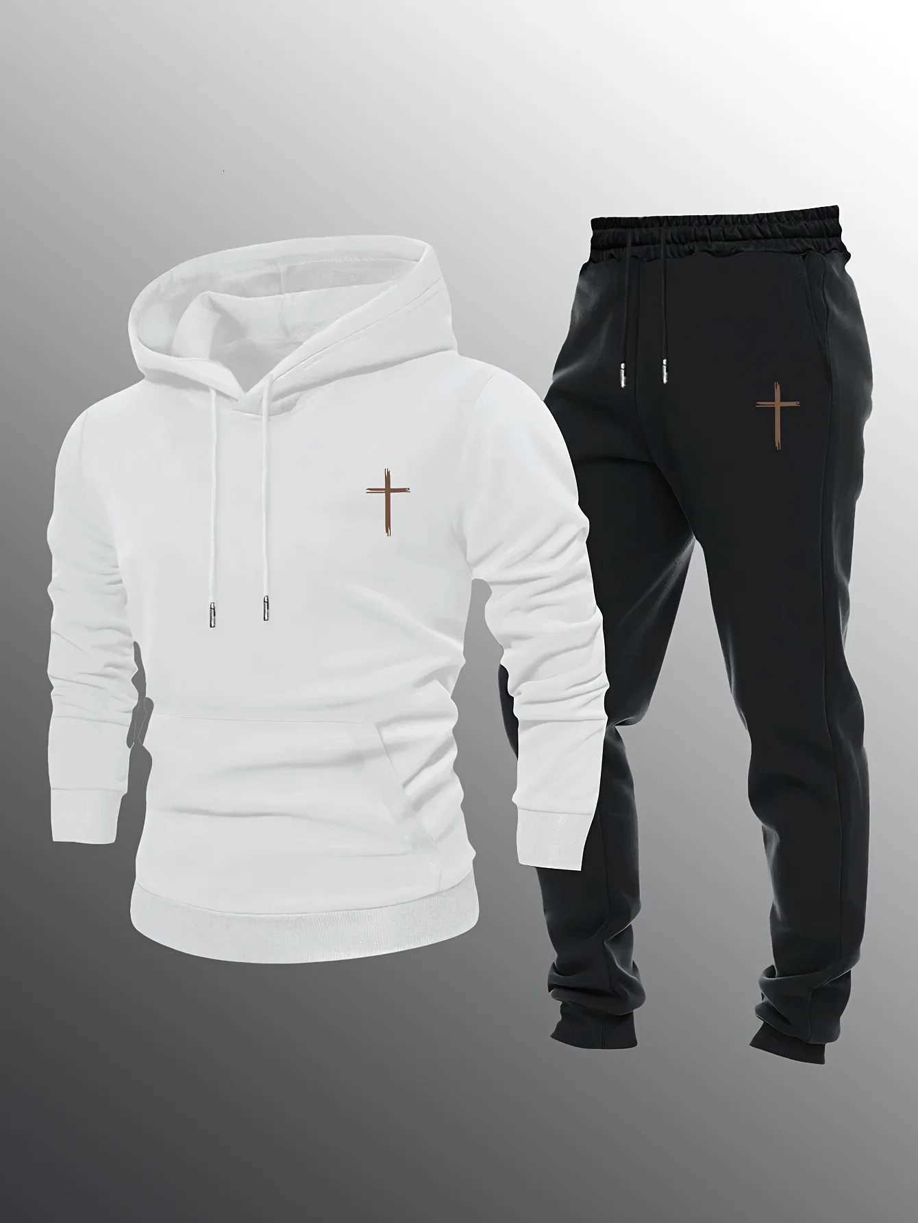 Hoodies Sweatshirts 2026 crucifix Men's printed sportswear set men's hooded sweatshirt long pants set spring and autumn winter warm suit D