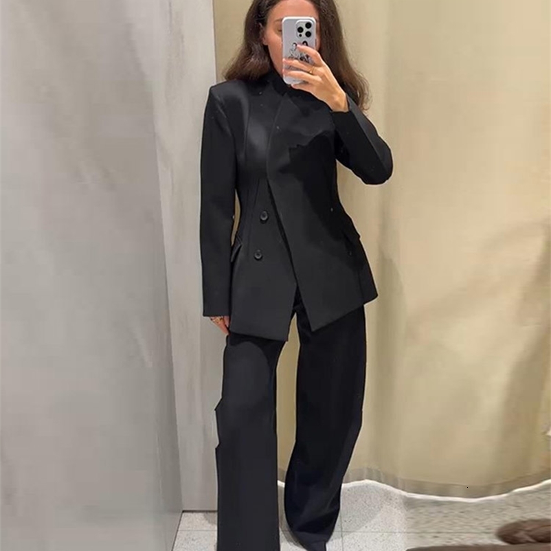 Women Solid Slim Hidden Button Blazer Pants Set Stand Collar Coat Wide Leg Trousers Chic Fashion Elegant Lady Office Suit 260918CJ