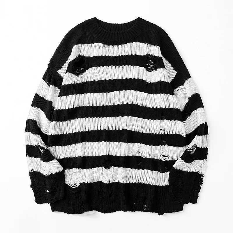 2025 Striped Sweaters Punk Unisex Sweater Autumn Hollow Out Hole Broken Jumper Loose Oversized Pullouvers Harajuku Streetwear S260921VJ2L