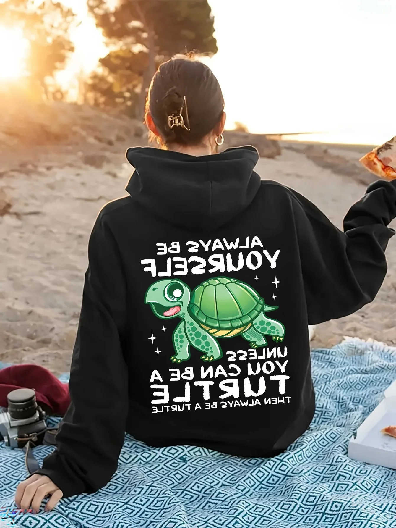 Casual Men's Hoodies Sweatshirts Fun Hoodie For Men Humorous Slogan Cute Green Turtle Cartoon Back Large Graphic Unisex Loose Long sleeve Pullo