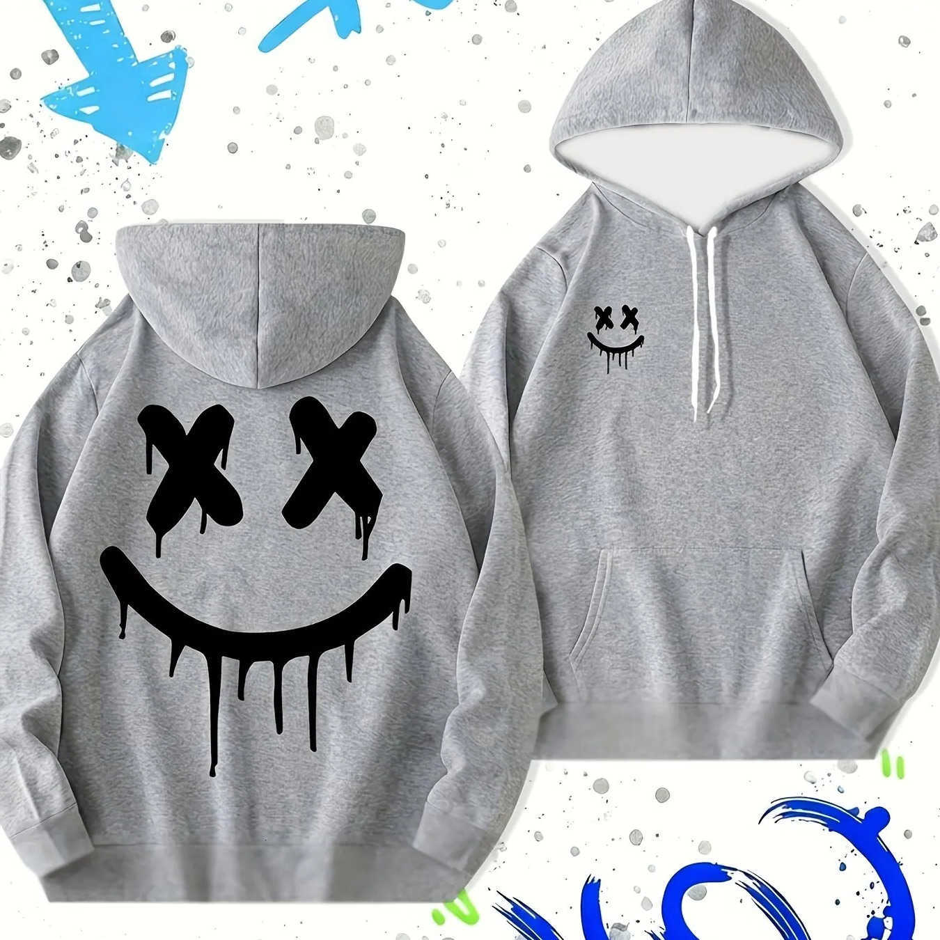 Autumn Men's Hoodies Sweatshirts 2026 and winter new men's and women's hooded hoodies with joyful face print large size and fun desig