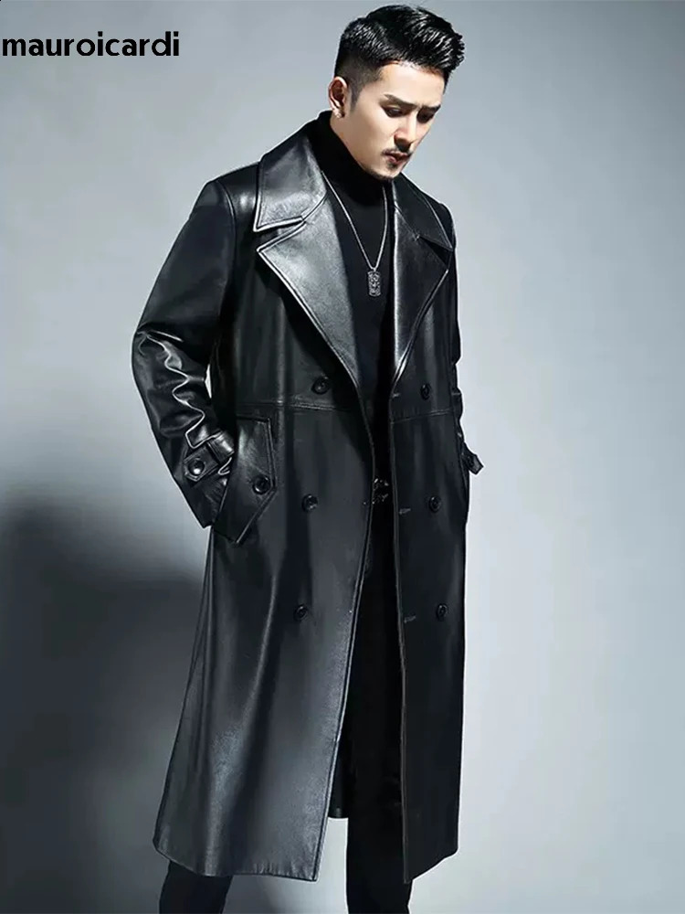 Mauroicardi Spring Autumn Long Cool Waterproof Black Pu Leather Trench Coat Men Double Breasted Plus Size Outerwear 4xl 5xl 260921