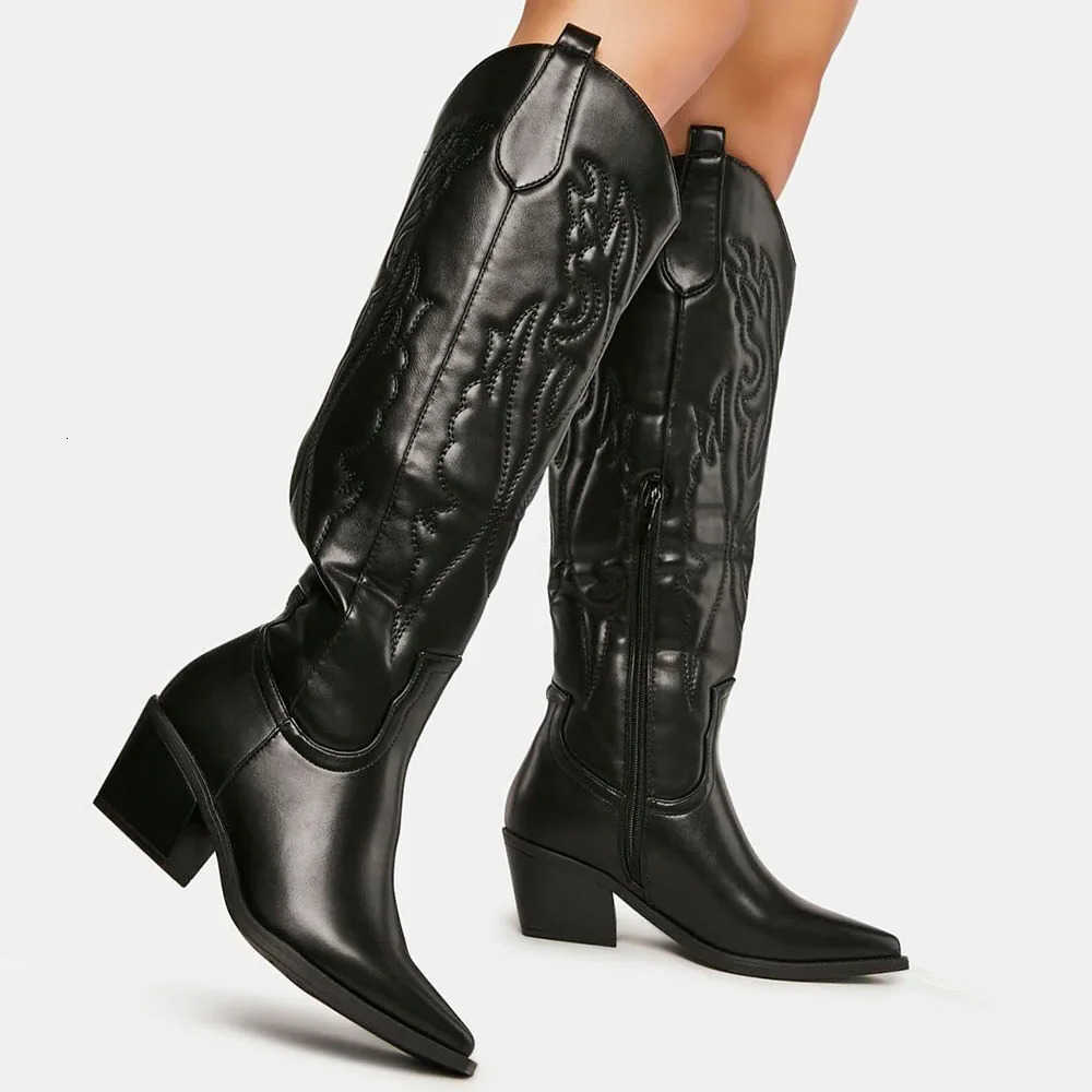 Winter Large Size 43 Boots In Stock for Dropship Vintage Knee High Cowgirls Black Western Boots Shoes Zip up White Cowboy Boots Women H260921