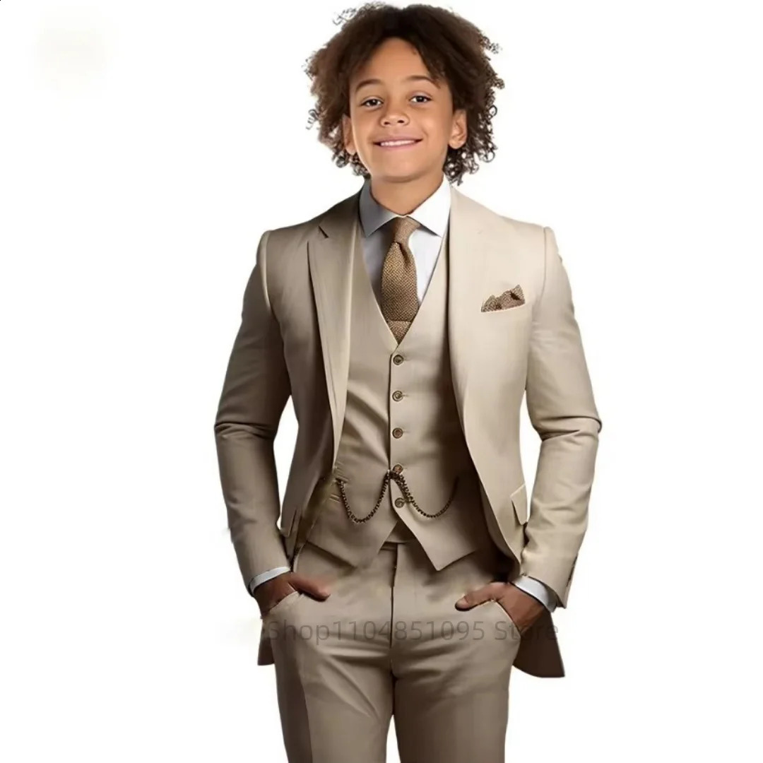 Abito da ragazzo kaki 3 pezzi smoking da sposo con risvolto giacca pantaloni gilet festa di nozze regalo di compleanno bambini giacca slim fit abiti