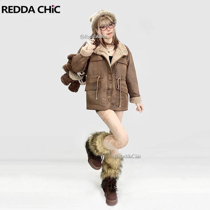 REDDACHiC Korea Women Suede Reversible Jacket Brown Retro Drawstring Warm Fleece Splice Leather Oversized Coat Winter Outerwear 260920