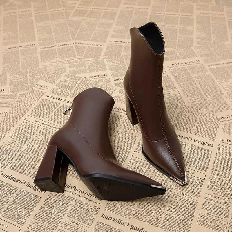Women's Boots Pointed Ankle Toe Boots Fashion Back Zippers Short Botas Ladies Elegant Square High Heel Winter Women's Footwear 2024 H26092