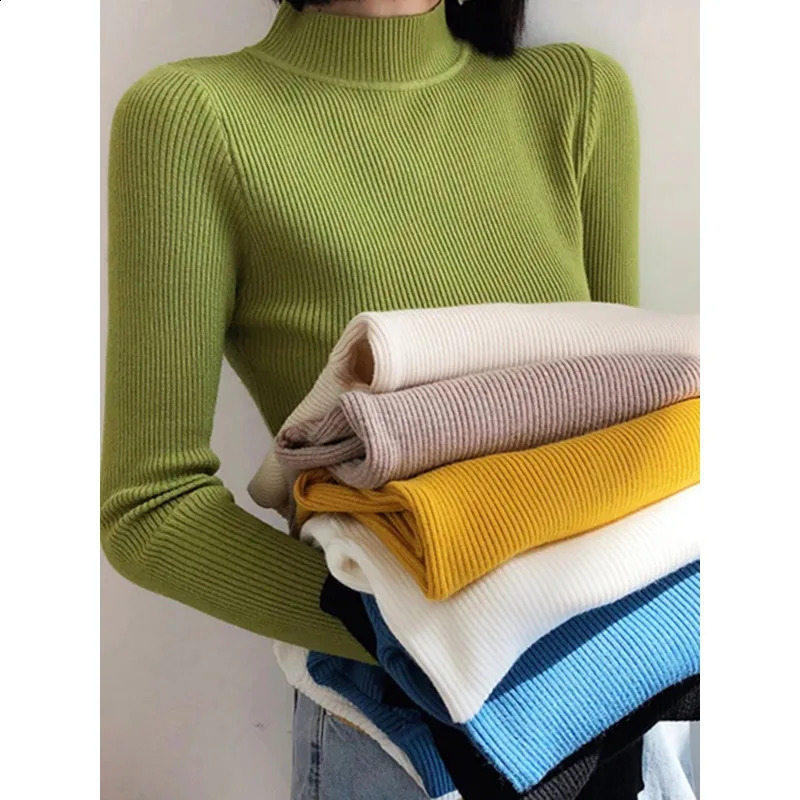 Autumn Winter Mock Neck Women Sweater Vintage Basic Solid Knitted Tops Casual Slim Pullover Korean Sweaters Simple Chic Jumpers 260918